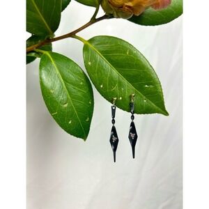 Vintage Black Drop Metal Earrings with Hand-Painted Rose Detail
